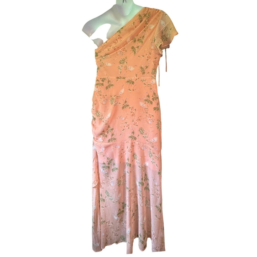 Banana Republic L One Shoulder Peach Floral Ruched Midi Slip Wedding Guest Dress - Picture 2 of 14